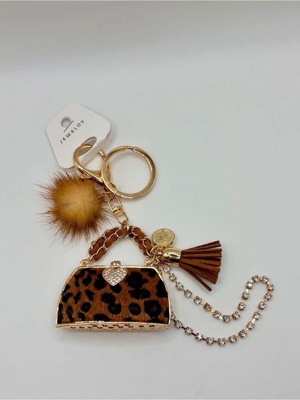 Bougie Leopard Print Purse Keychain with Brown Fur Pom Pom and Tassel